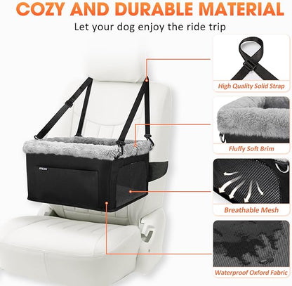 JOEJOY Deluxe Dog Booster Seat with Sturdy Metal Frame and Safety Leash for Small Pets up to 20 lbs - Portable Puppy Dog Car Seat with Thick Cushion and Storage Pockets for Small Dogs, Black