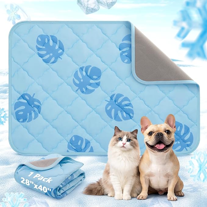 LOOBANI Dog Cooling Mat for Small Dogs Cats - 40"x28" Pet Cooling Mat with Anti-Slip Bottom, Waterproof Self-Cooling Dog Pad for Crate, Floor & Car, Grey Monstera (Blue, 40"x28")