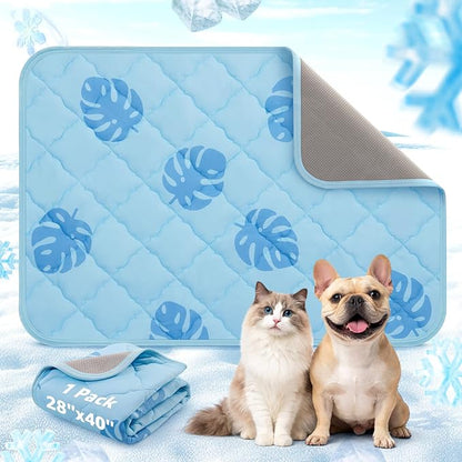 LOOBANI Dog Cooling Mat for Small Dogs Cats - 40"x28" Pet Cooling Mat with Anti-Slip Bottom, Waterproof Self-Cooling Dog Pad for Crate, Floor & Car, Grey Monstera (Blue, 40"x28")