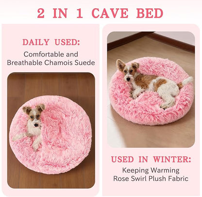NOYAL Calming Dog Bed for Anxiety, Hooded Donut Cave with Blanket, Plush Fluffy Washable Pet Bed for Small Medium Dogs & Cats