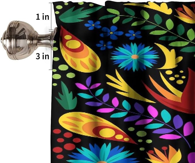 Mexico Valances Curtain for Kitchen, Colorful Mexican Style Flowers Pattern Window Treatment Valances Short Curtains Rod Pocket Drape for Dining Room Home Farmhouse Decor, 54x18inch