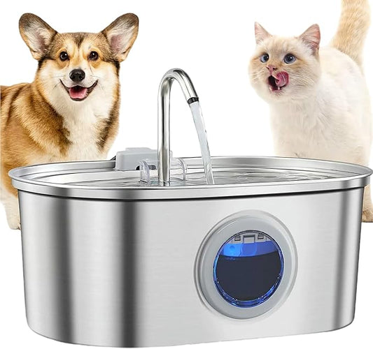 Stainless Steel Cat Water Fountain, 108oz/3.2L Automatic Pet Water Dispenser with Water Level Window, Quiet Pump, Multi-Stage Filtration for Cats and Dogs