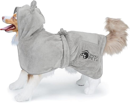 Ownpets Dog Bathrobe Towel, Super Absorbent Soft Dog Drying Robe with Cap & Pocket for Bathing & Beach Trips, Microfibre Fast Drying Dog Towel Robe for Dogs and Cats(Medium)