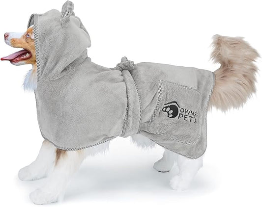 Ownpets Dog Bathrobe Towel, Super Absorbent Soft Dog Drying Robe with Cap & Pocket for Bathing & Beach Trips, Microfibre Fast Drying Dog Towel Robe for Dogs and Cats(Medium)
