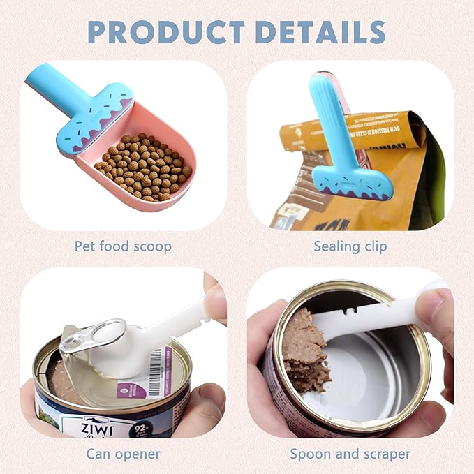 Hushee Pet Food Scoop, Sealing Clip, Dog Food Scoop, Can Opener, Canning Spoon, 4 in 1 Multifunctional Combination Set Suitable for Dog, Cat, Ferret, Rabbit, Bird Feed, Blue and Pink Ice Cream Style