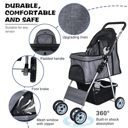 Dog Stroller for Small Dogs,Pet Stroller Strolling Cart 4 Wheels Folding Pet Gear Lightweight Waterproof with Storage Basket for Puppy Small Medium Dogs Cats for Travel,Grey