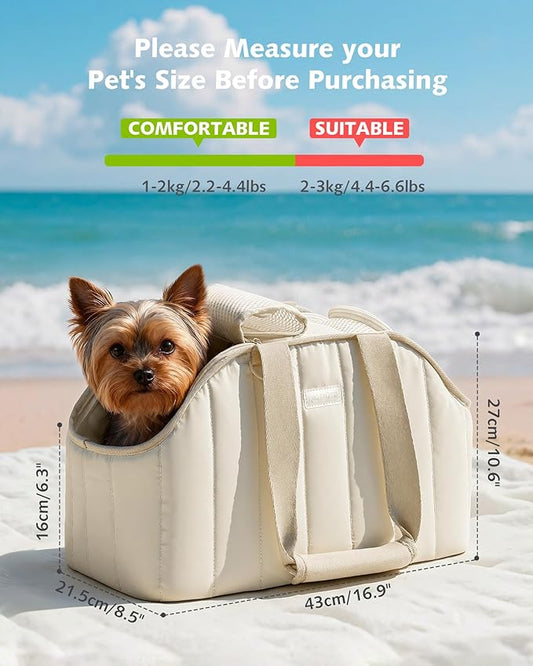 Pecute Dog Purse Carrier, Lightweight Dog Carriers for Small Dogs with Large Pockets, Dog Soft-Sided Carriers up to 6.6lbs, Pet Carrier for Puppy Cat Rabbit, Suitable for Travel, Subway, Cream