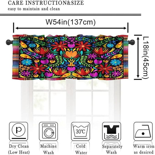 Mexico Fiesta Valance Curtains Farmhouse Rustic Cinco De Mayo Dia De Los Muertos Pattern Window Treatment Valances Short Curtains Rod Pocket Drape for Dining Room Home Kitchen Decor, 54x18inch