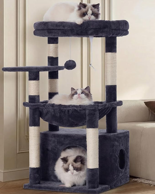 Heybly Cat Tree, Kitten Tower with Large Soft Cat Basket, Cat Condo with Spacious Cat Bed Cave with Hidden Space, Sisal-Covered Scratching Posts, Dangling Ball for Indoor Cats, Smoky Gray HCT008SG