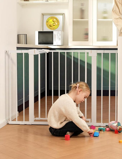 Babelio Metal Baby Gate, 29-48“ Auto Close Easy Install Pet Gate, Extra Wide Walk Thru Child Safety Gate, Pressure Mounted Dog Gate for Doorways & Stairs, with Y Spindle Rods, White