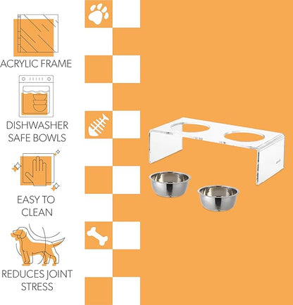 The LICKER Store DBL2000A Keaton 5" Small/Medium Modern Lucite Rectangular Elevated Pet Feeder with 20oz 2-Stainless Steel Bowls, Clear/Chrome