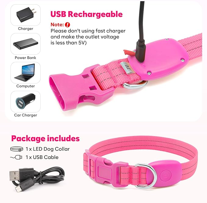 LED Lighted Reflective Dog Collar for Night Safety, USB Rechargeable, Glow Collar for Dogs, Waterproof, Adjustable Flashing (Pink, Small)