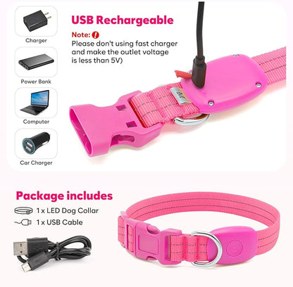 LED Lighted Reflective Dog Collar for Night Safety, USB Rechargeable, Glow Collar for Dogs, Waterproof Adjustable Flashing (Pink, Large)