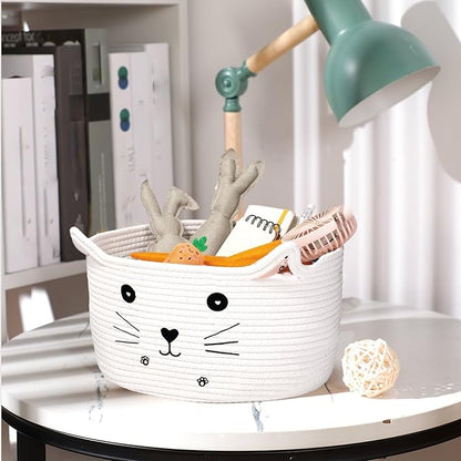 Zopeal Cat Basket Storage Woven Organizer with Ears Easter Decorative Pet Toy Cute Cotton Rope Basket for Gift Cat Dog Toy Bin Nursery Room(13.7 x 7.8 Inch,White)