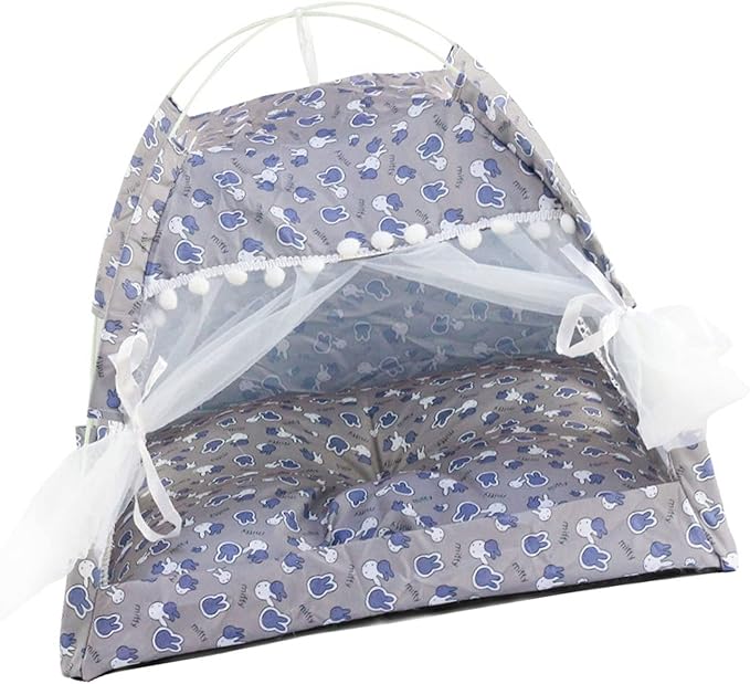Indoor Pet Tent with Mesh Door Window, Cat & Dog Tent House, Washable Soft Warm & Non-Slip, All Seasons (Gray)