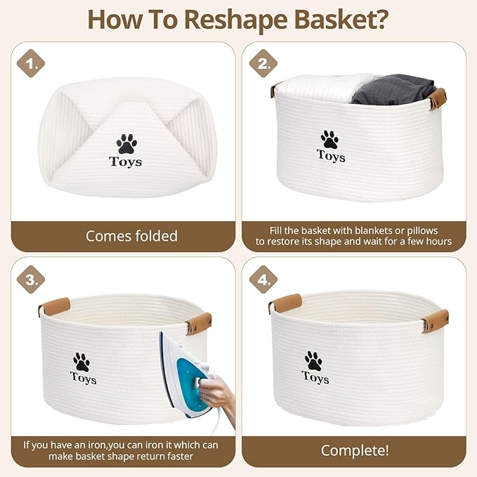 Dog Toy Basket, Quality Cotton Rope Dog Toy Storage with Handles, Durable Dog Toy Bin Box for Organizing Pet Supplies, Pet Toys, Collars, Leashes & Accessories (Beige,13’’x9’’x7.5’’)