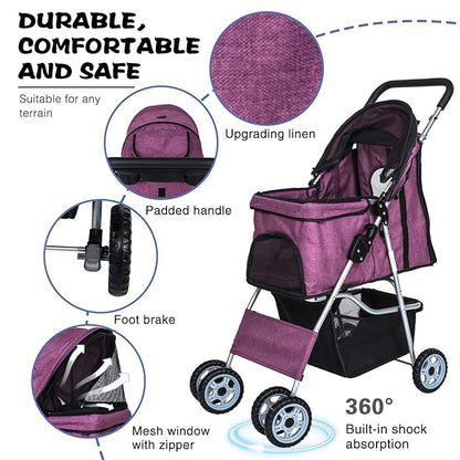 Dog Stroller for Small Dogs,Pet Stroller Strolling Cart 4 Wheels Folding Pet Gear Lightweight Waterproof with Storage Basket for Puppy Small Medium Dogs Cats for Travel,Purple