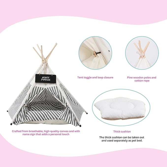 Glow Pups Pet Teepee, Cozy Retreat Dog Teepee with Thick Cushion, Portable and Foldable Canvas Pet Tent for Small Dogs and Cats up to 33lbs, Grey and White Striped