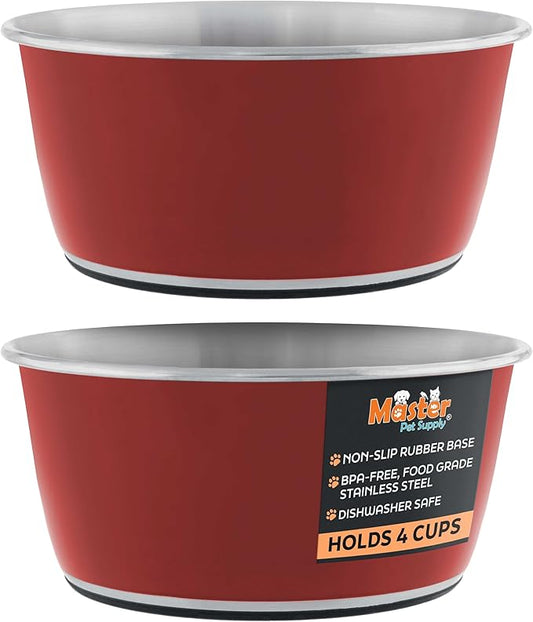 Master Pet Supply Stainless Steel Dog Bowls Set of 2 (32 Oz Each) with Non-Slip Rubber Base - Crimson Flame - Basic Dog Food Bowl Water & Food Bowls for Small Medium Large Dogs & Cats, Metal Dish