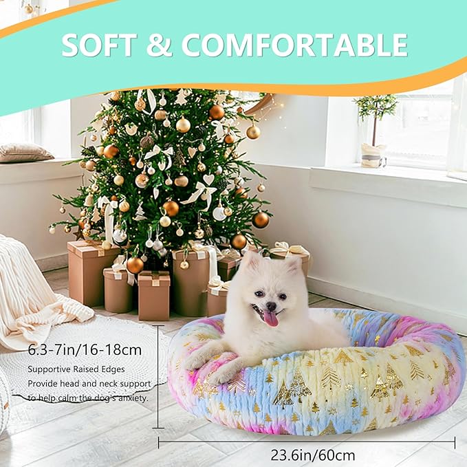 23 Inch Christmas Tree Calming Dog Bed for Small Dogs Cats, Kitty Puppy Round Anti-Anxiety Warm Bed, Soft Cozy Anti-Slip Donut Washable Pet Bed, Fits up to 30 lbs Pets