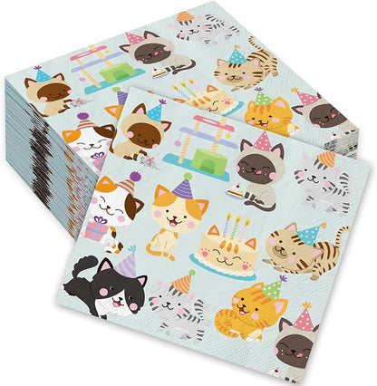 JarThenaAMCS 100 Sheets Cat Party Napkins 5 x 5 Inch Disposable Kitty Cocktail Paper Napkins Colorful Kitten Beverage Napkin for Birthday Dining Drink Table Decor Supplies