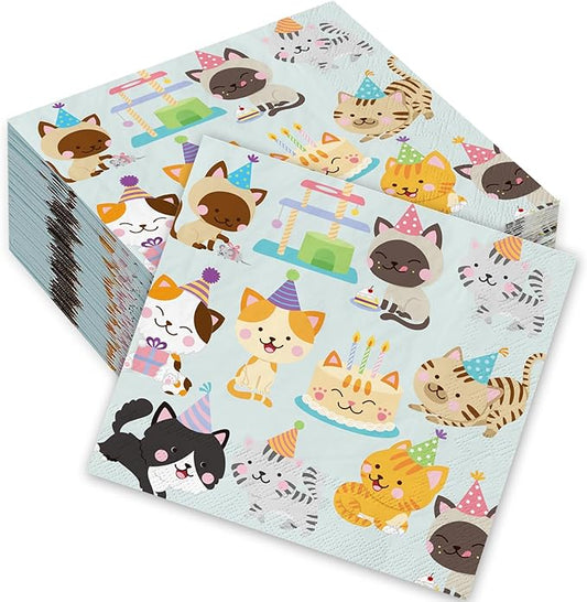 JarThenaAMCS 100 Sheets Cat Party Napkins 5 x 5 Inch Disposable Kitty Cocktail Paper Napkins Colorful Kitten Beverage Napkin for Birthday Dining Drink Table Decor Supplies