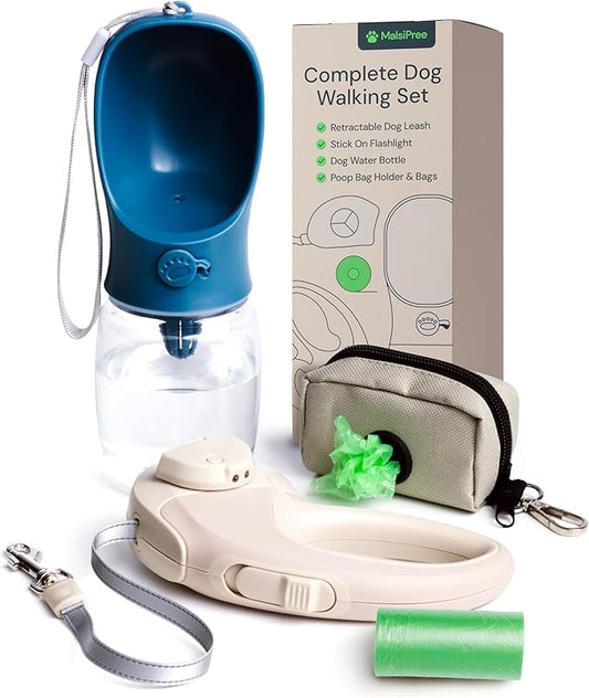 MalsiPree Complete Dog Walking Set - 9.8ft Retractable Leash Set with 20 Poop Bag and Dispenser, Leakproof Dog Water Bottle 12oz & Flashlight - Essential Walking Accessory for Small to Medium Dogs