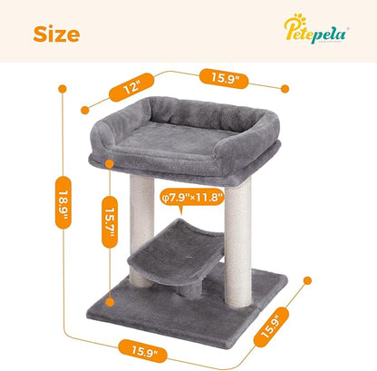 PETEPELA 19" Scratching Post, Cat Tree Tower, 100% Natural Sisal Scratcher With Large Plush Top Perch Bed, Cozy Platform for Kittens and Cats