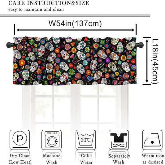 Mexican Style Valances Curtain for Kitchen, Day of The Dead Sugar Skull Pattern Window Treatment Valances Short Curtains Rod Pocket Drape for Dining Room Home Decor, 54x18inch