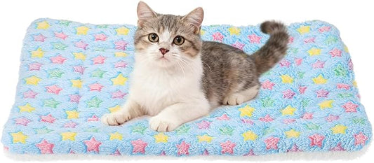 Dog Cat Bed Mat, Soft Coral Fleece Pet Cushion Pad with Cute Star Print, Warm Washable Pet Bed 19x13 Inches, (Blue), Intended for Medium Small Dog Cat