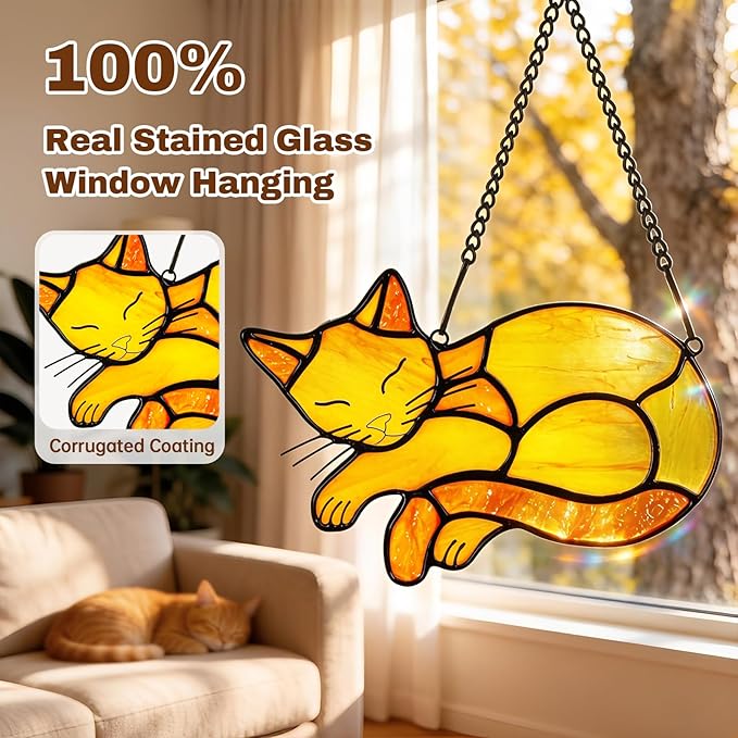 Orange Cat Memorial Suncatcher,Handmade Stained Glass Window Haninging Ornament for Home Decor,Memorial Gifts for Pet Lovers,Pet Loss Sympathy Gift