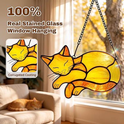 Orange Cat Memorial Suncatcher,Handmade Stained Glass Window Haninging Ornament for Home Decor,Memorial Gifts for Pet Lovers,Pet Loss Sympathy Gift