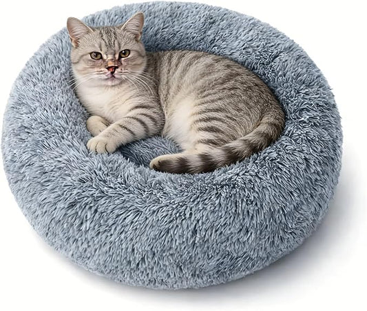 SALAN Calming Dog Bed for Small Dogs & Indoor Cats, 20 Inch Donut Pet Bed, Washable Round Fluffy Plush Faux Fur Cushion with Raised Rim & Anti-Slip Bottom, Soft Cozy Bed Fits Pets Up to 25 lbs (Gray)