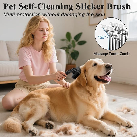 2PCS Self Cleaning Slicker Brush & Dog Comb - Skin Friendly Deshedding Grooming Tool for Dogs, Cats and Small Animals, Professional Deshedding Dematting Tool for Long and Short Haired Pets (Black)