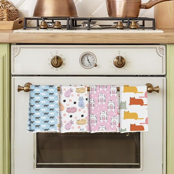 Hanamiya Na 4Pcs Cute Cat Kitchen Towels, Whimsical Decorative Absorbent Microfiber Dish Cloth Tea Towel, Durable Hand Towels for Farmhouse Home Bathroom, Cat Lover Gifts 2