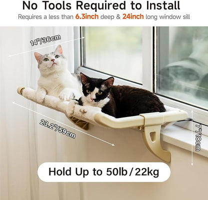 MEWOOFUN Window Sill Perch for Indoor Cats, One-Step Sliding Clamping Slot Adjustment Cat Hammock With Removable Covers, Bed for Windowsill & Bedside (Beige, Large)