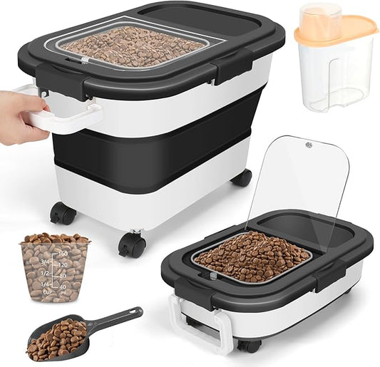 Dog Food Storage Container, 20Lbs Large Collapsible Pet Cat Food Container with Airtight Lids Wheels Handle Scoop Measuring Cup Small Container, Rice Kitchen Dry Food Storage Dispenser Bin (Black)