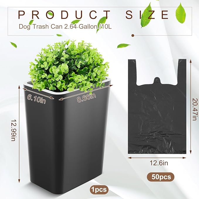 Jingmore Dog Poop Trash Can Outside 2.64 Gal/10 L Plant Styled Dog Waste Trash Can with Lid 50 Pcs Plastic Waste Bags Outdoor Indoor Poop Container Slim Garbage Bin for Yard Garden Pet (Black)