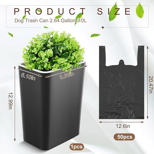 Jingmore Dog Poop Trash Can Outside 2.64 Gal/10 L Plant Styled Dog Waste Trash Can with Lid 50 Pcs Plastic Waste Bags Outdoor Indoor Poop Container Slim Garbage Bin for Yard Garden Pet (Black)