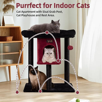 Cat Tree Tower Scratching Post for Indoor Large Cats, Small Cat Tree with Big Perch Bed, 28in Tall Trees House with Condo Cave, Toy Balls, Modern Climbing Furniture Platform for Kitten (Black)