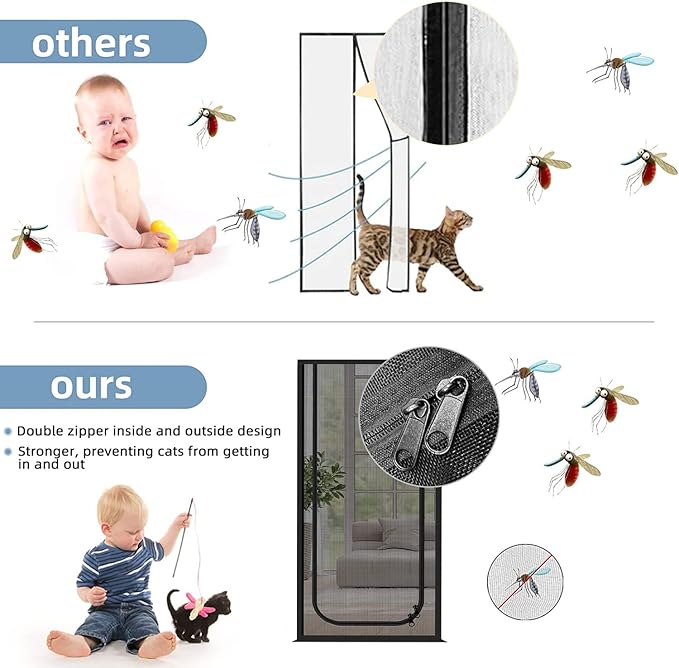 QWR Upgraded Pet Screen Door Fits Door Opening Size Up to 30"x80",Heavy Duty Cat Proof Mesh Screen Door with Zipper Closure,Prevent Cats Running Out from Home,Bedroom,Living Room,Kitchen(U-type,Black)
