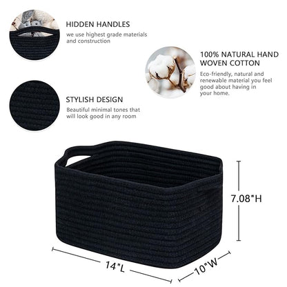 CubesLand Cube Storage Organizer Basket Bin, Rectangular Cotton Rope Basket, 14x10x7.08Inches, Black
