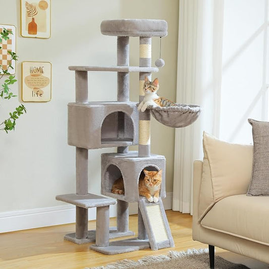 PAWZ Road Cat Tree, 51.6 Inches Cat Tower with Dual Condos, Spacious Perch, Cozy Basket and Sisal-Covered Scratching Posts for Small Cats and Kittens- Gray