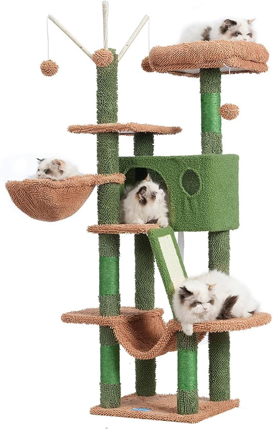 Hey-brother Cat Tree, 53 inch Cat Tower for Indoor Cats, Cat House with Padded Platform Bed, Toy Balls, Large Cozy Condo, Hammocks and Sisal Scratching Posts, Cactus MPJ019SCA