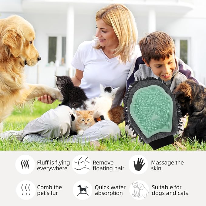 Green Double-Sided Dog Bath Glove Cleaning Massage Dog Brush for Dogs and Cats Chenille Absorbent Pet Towel Mitt with TPR Pet Grooming Glove for Gentle Hair Removal Glove