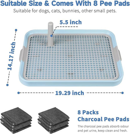 CUHIOY Dog Potty Tray Toilet 20"x14" - Indoor Pee Pad Holder with 8pcs Training Pads, Puppy Mesh Potty with Secure Latch for Small Medium Puppies - Blue
