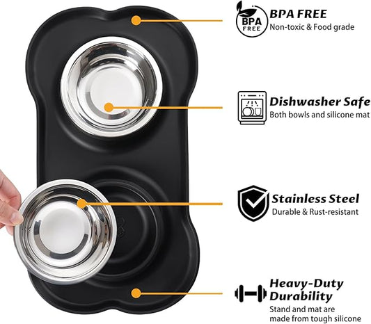 Hubulk Pet Dog Bowls 2 Stainless Steel Dog Bowl with No Spill Non-Skid Silicone Mat + Pet Food Scoop Water and Food Feeder Bowls for Feeding Small Medium Large Dogs Cats Puppies (Large, Black)