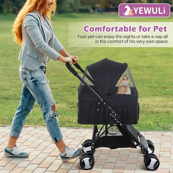 Pet Strollers, Dog Cat Stroller 3-in-1 Detachable Doggy Stroller for Small Medium Dogs 4 Wheel Pet Gear Carrier Cat Walker Wagons for Dogs Trolley for Doggie Rabbit Puppy Strollers, Black