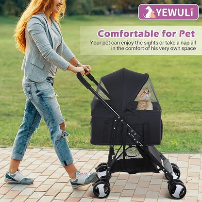 Pet Strollers, Dog Cat Stroller 3-in-1 Detachable Doggy Stroller for Small Medium Dogs 4 Wheel Pet Gear Carrier Cat Walker Wagons for Dogs Trolley for Doggie Rabbit Puppy Strollers, Black