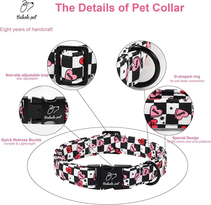 Valentines Dog Collar for Medium Dogs - Unique Black White Plaid Girl Boy Valentine Heart Dog Collars, Adjustable Heavy Duty Pet Collar with Metal Buckle M